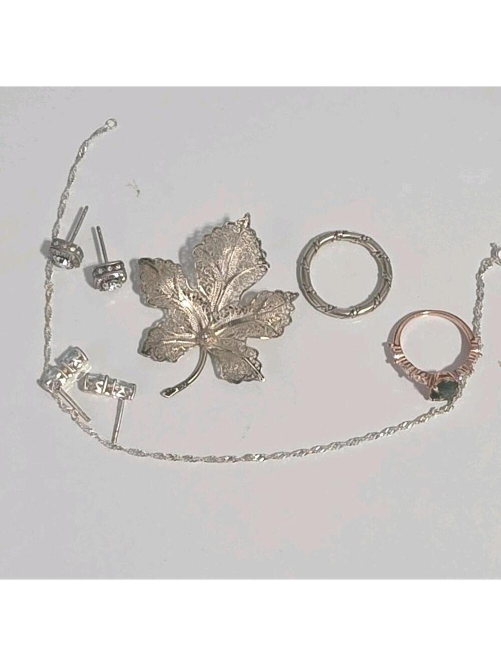 Vtg sterling silver jewelry lot 2 Sets Earrings,  Leaf Pin, 2 rings, Bracelet